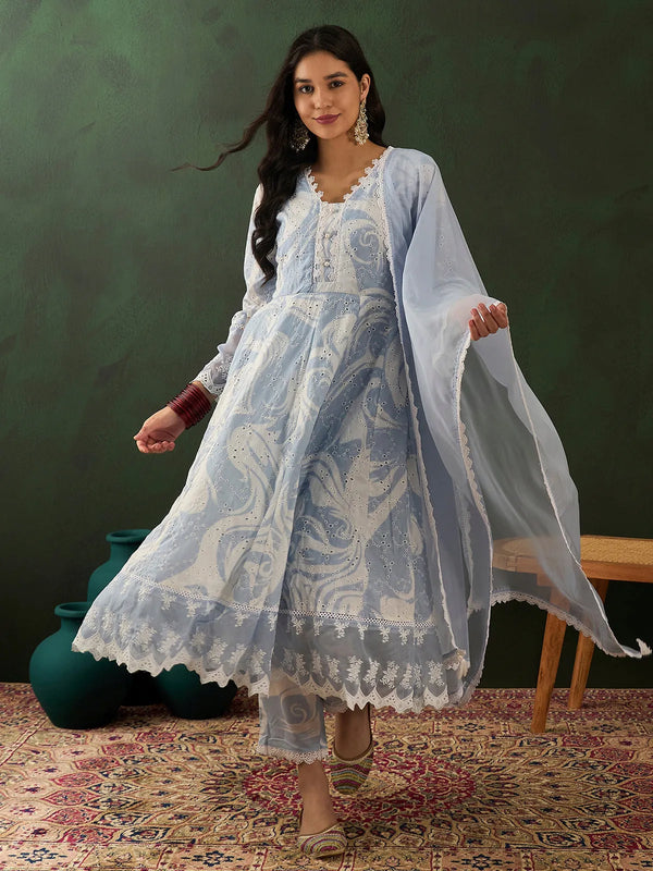 Light Blue Cotton Embroidery Kurta Set with Palazzo Pants & Dupatta