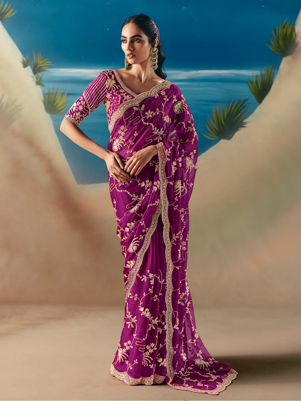 Purple Satin Organza Saree with Designer Embroidery, Sequins & Stone Work - Festive & Wedding Wear