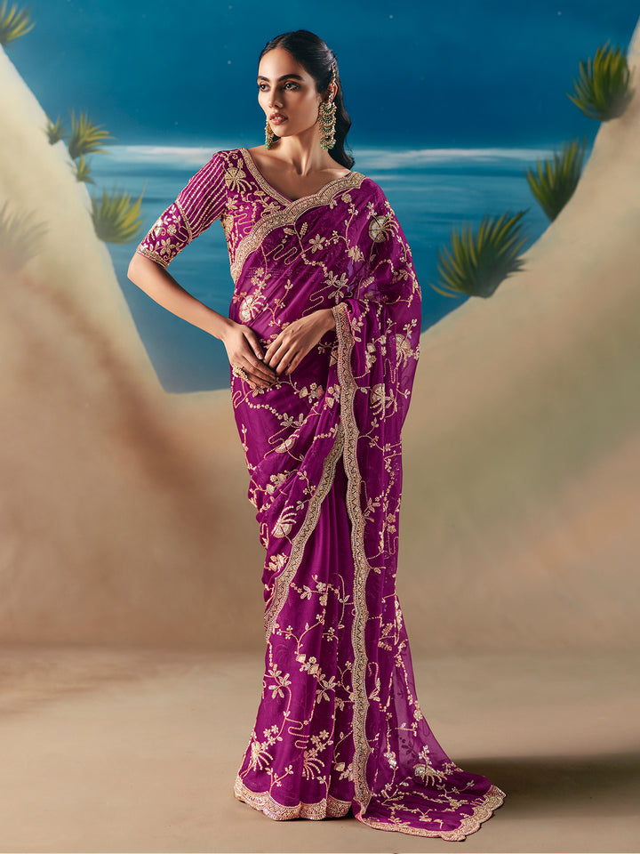 Purple Satin Organza Saree with Designer Embroidery, Sequins & Stone Work - Festive & Wedding Wear