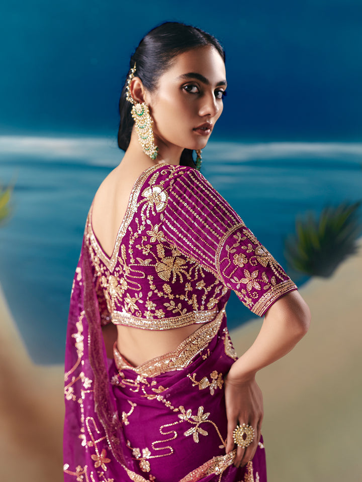 Purple Satin Organza Saree with Designer Embroidery, Sequins & Stone Work - Festive & Wedding Wear