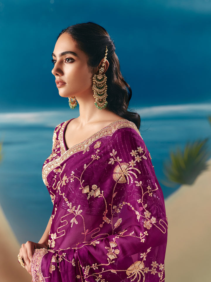 Purple Satin Organza Saree with Designer Embroidery, Sequins & Stone Work - Festive & Wedding Wear