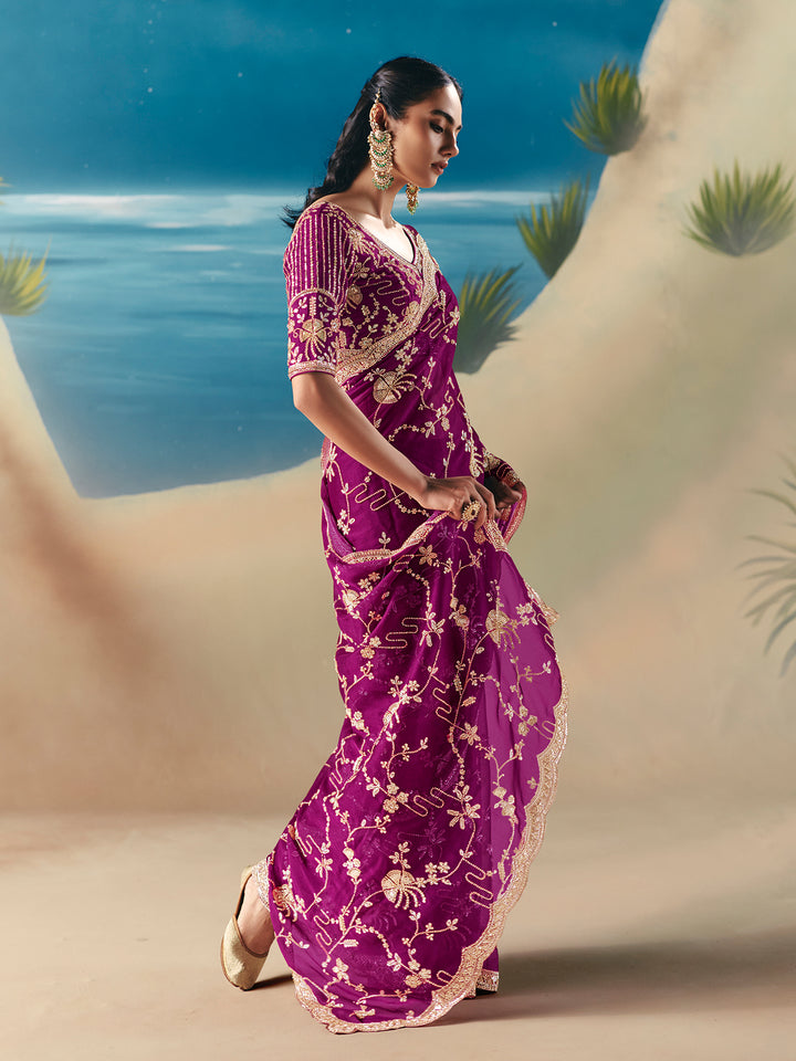 Purple Satin Organza Saree with Designer Embroidery, Sequins & Stone Work - Festive & Wedding Wear