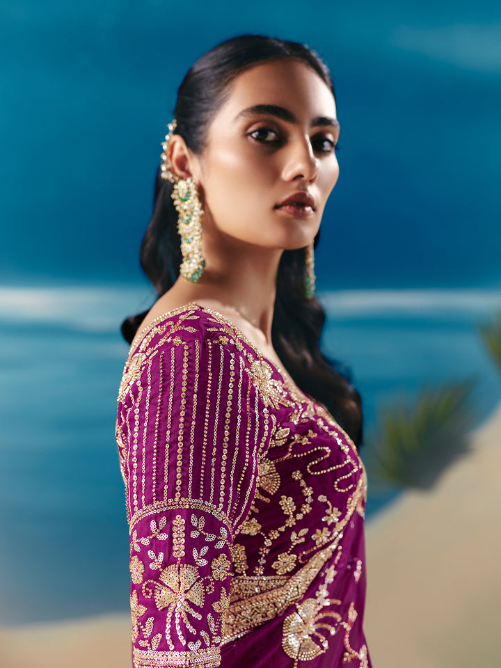 Purple Satin Organza Saree with Designer Embroidery, Sequins & Stone Work - Festive & Wedding Wear