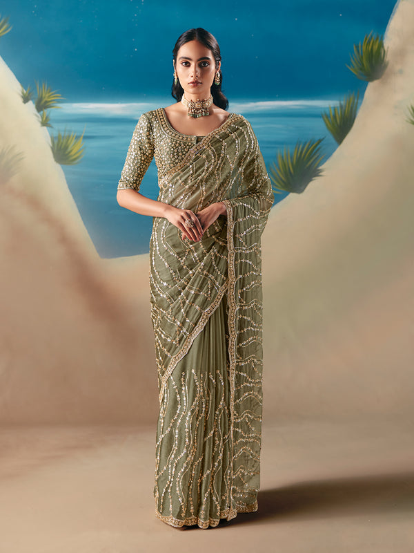 Designer Green Satin Organza Saree for Wedding & Festive | Sequin Embroidery Stone Work Saree