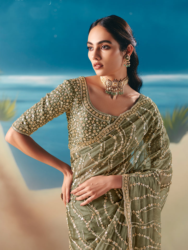 Designer Green Satin Organza Saree for Wedding & Festive | Sequin Embroidery Stone Work Saree
