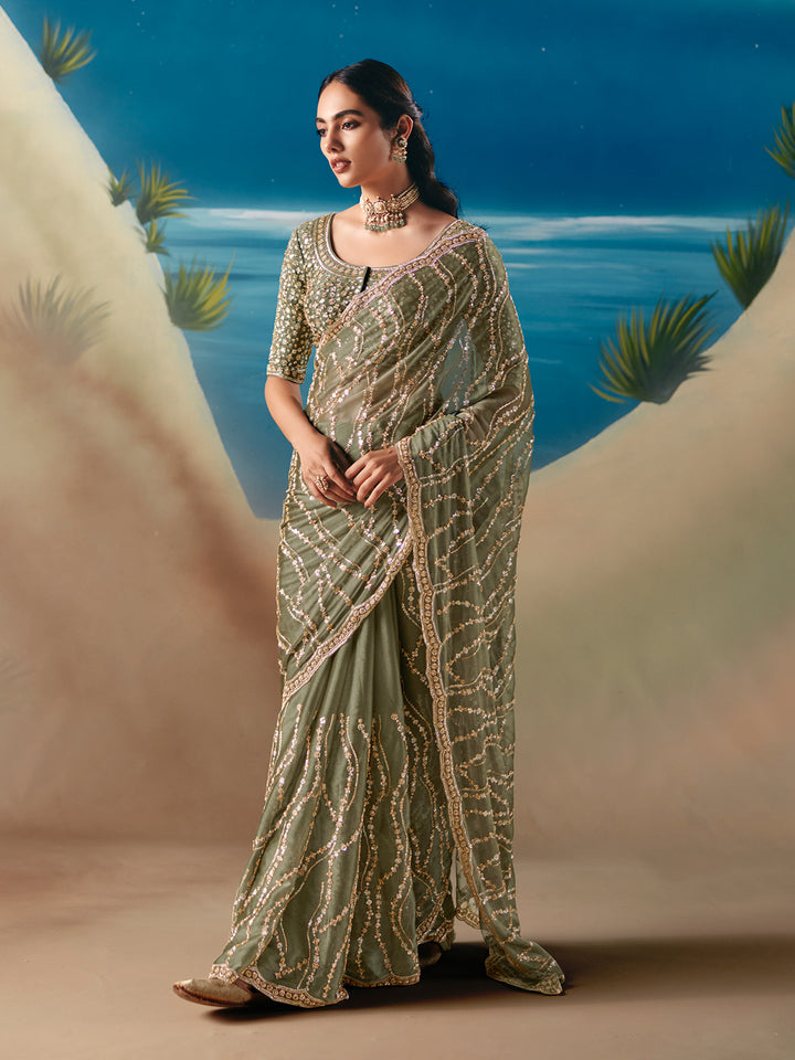 Designer Green Satin Organza Saree for Wedding & Festive | Sequin Embroidery Stone Work Saree