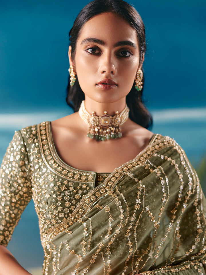 Designer Green Satin Organza Saree for Wedding & Festive | Sequin Embroidery Stone Work Saree