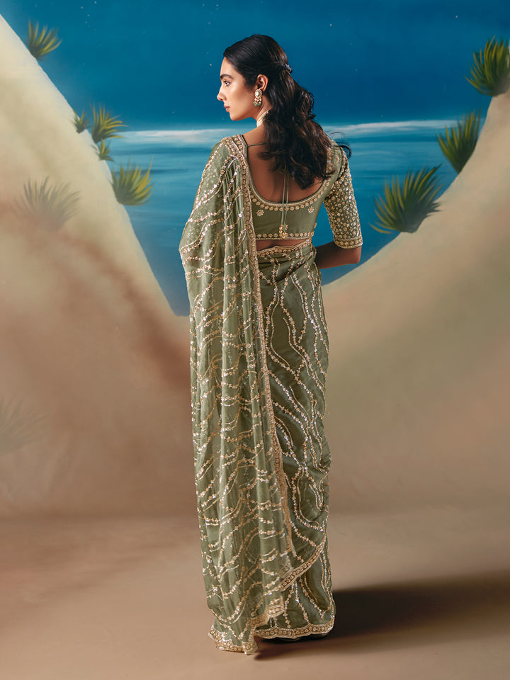 Designer Green Satin Organza Saree for Wedding & Festive | Sequin Embroidery Stone Work Saree