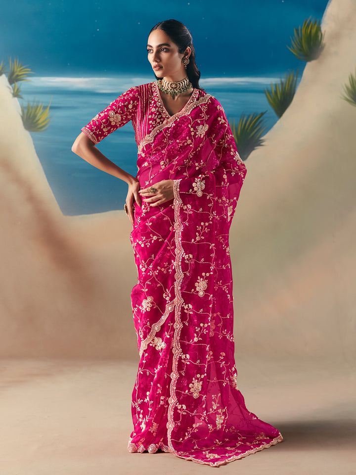 Rani Pink Satin Organza Saree: Designer Wedding & Festive Wear Sequin Embroidery Stone Work Saree with Matching Blouse
