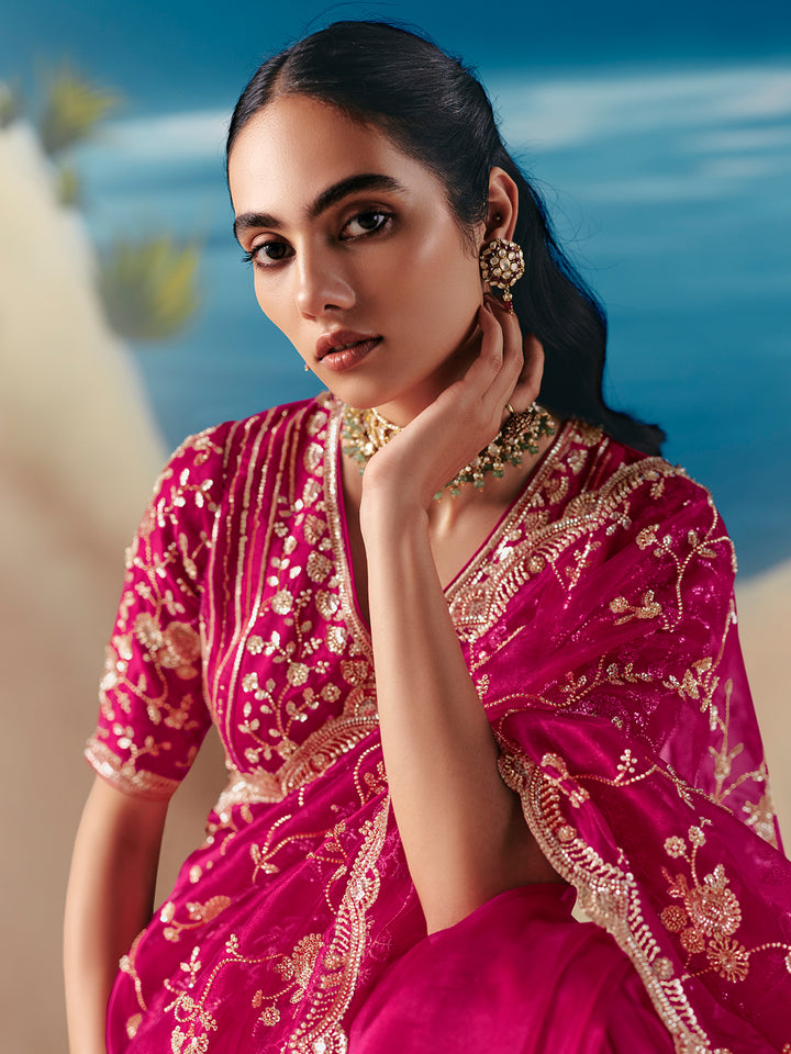 Rani Pink Satin Organza Saree: Designer Wedding & Festive Wear Sequin Embroidery Stone Work Saree with Matching Blouse