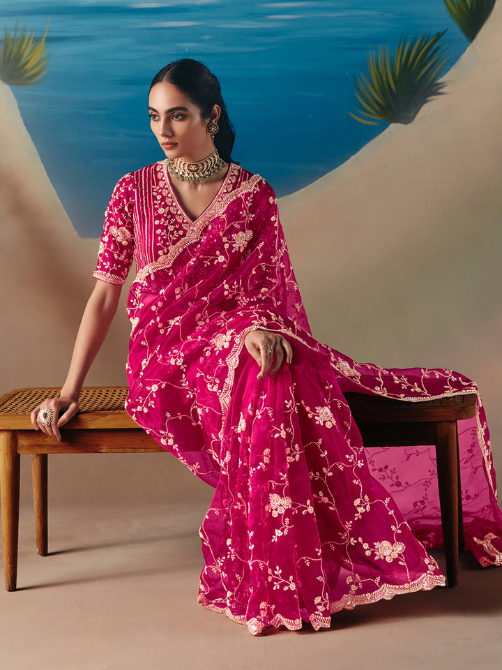 Rani Pink Satin Organza Saree: Designer Wedding & Festive Wear Sequin Embroidery Stone Work Saree with Matching Blouse