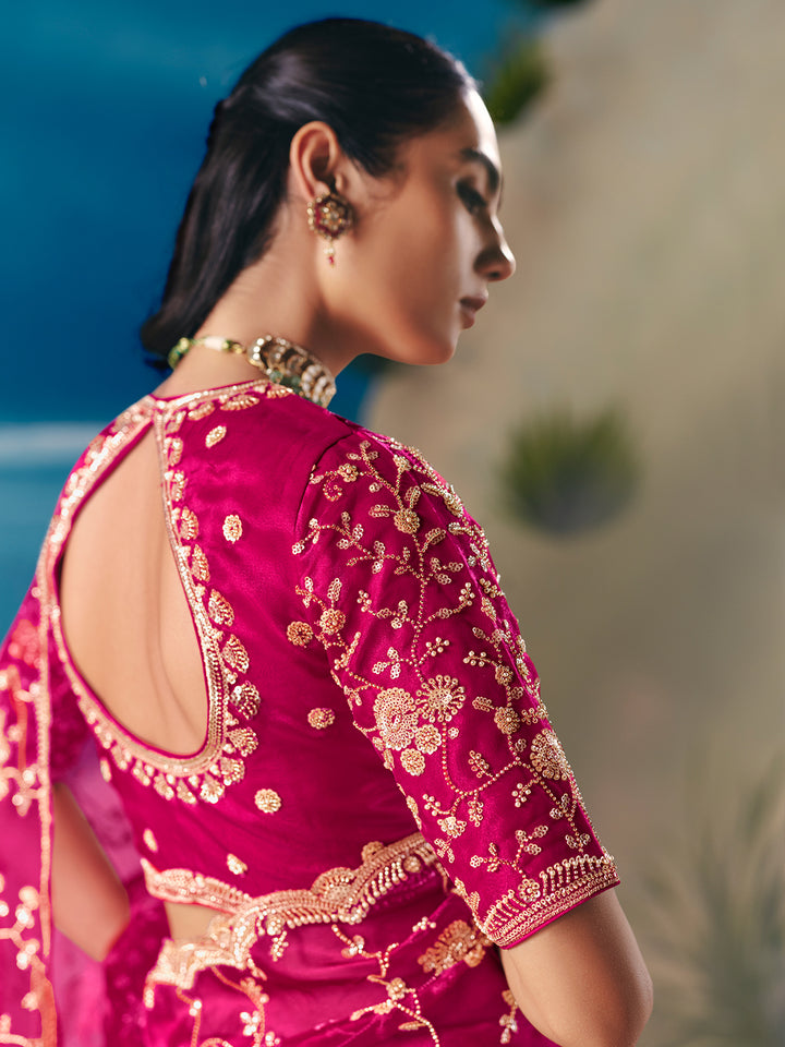 Rani Pink Satin Organza Saree: Designer Wedding & Festive Wear Sequin Embroidery Stone Work Saree with Matching Blouse