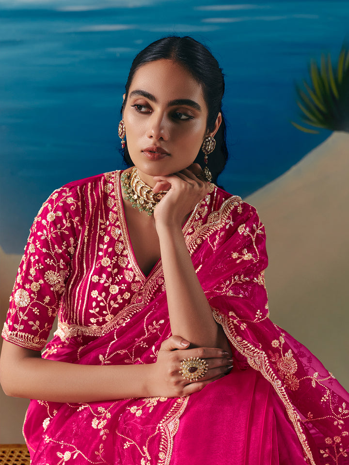 Rani Pink Satin Organza Saree: Designer Wedding & Festive Wear Sequin Embroidery Stone Work Saree with Matching Blouse
