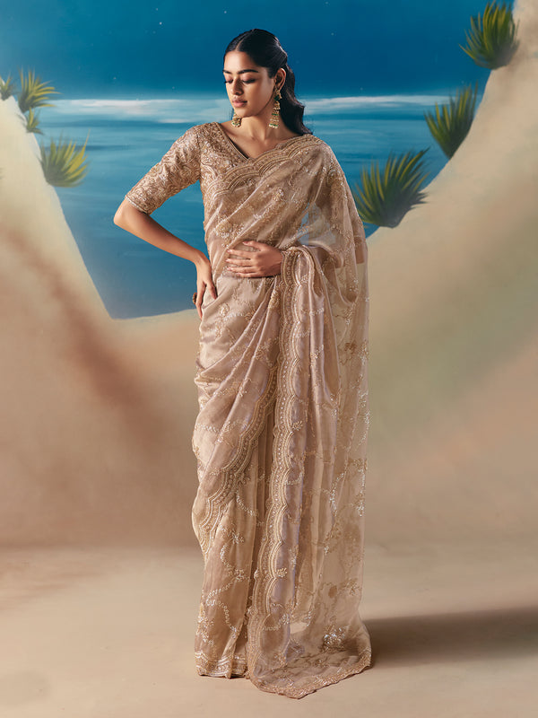 Beige Satin Organza Saree with Designer Embroidery, Sequins, and Stone Work