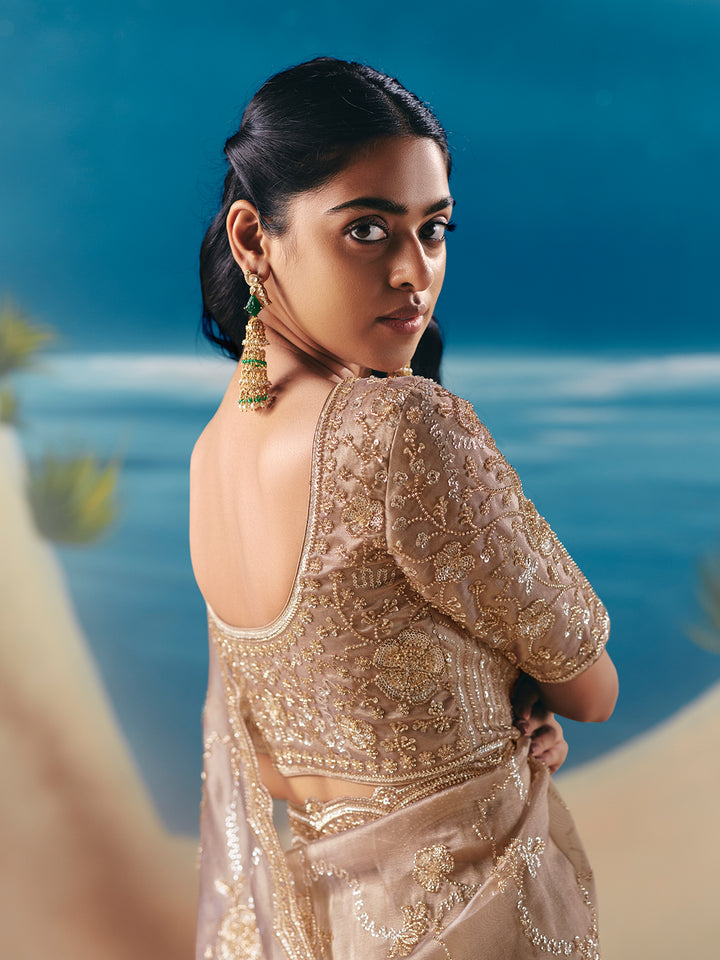 Beige Satin Organza Saree with Designer Embroidery, Sequins, and Stone Work