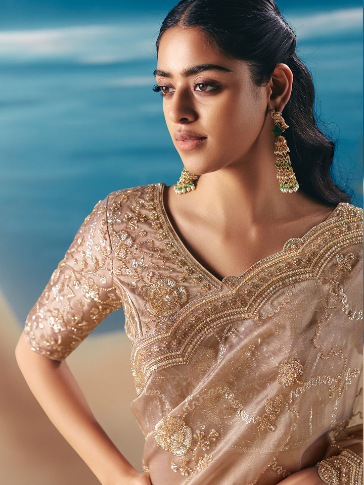 Beige Satin Organza Saree with Designer Embroidery, Sequins, and Stone Work
