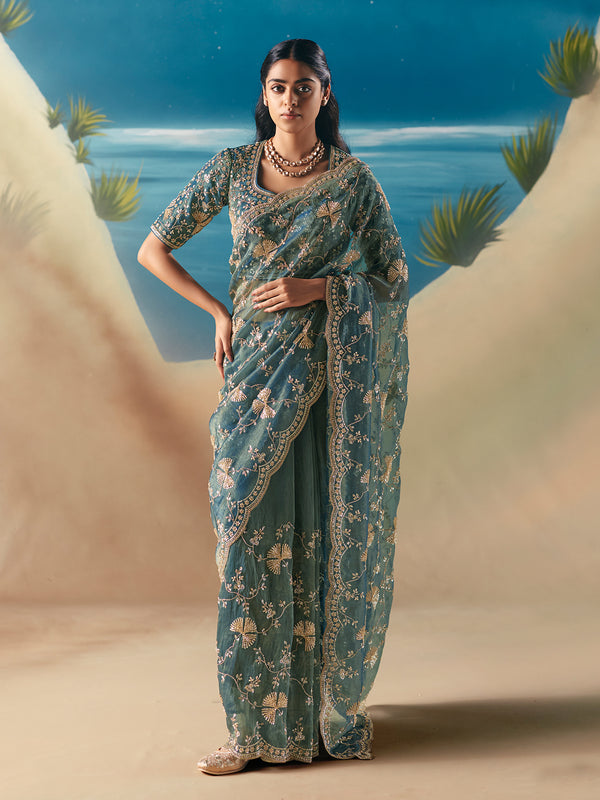 Equa Blue Satin Organza Saree with Designer Embroidery and Sequins for Wedding & Festive Wear