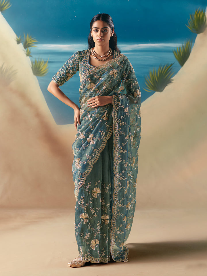Equa Blue Satin Organza Saree with Designer Embroidery and Sequins for Wedding & Festive Wear