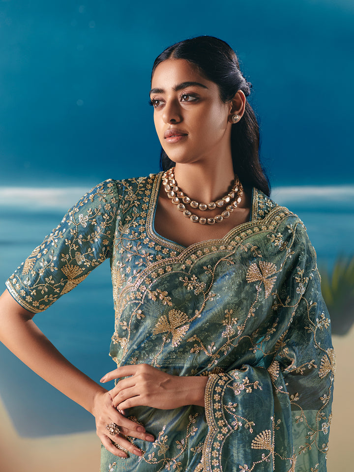 Equa Blue Satin Organza Saree with Designer Embroidery and Sequins for Wedding & Festive Wear