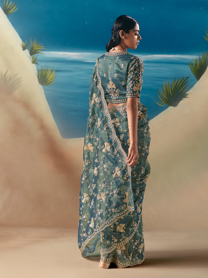 Equa Blue Satin Organza Saree with Designer Embroidery and Sequins for Wedding & Festive Wear