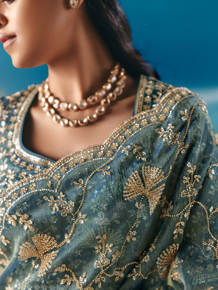 Equa Blue Satin Organza Saree with Designer Embroidery and Sequins for Wedding & Festive Wear