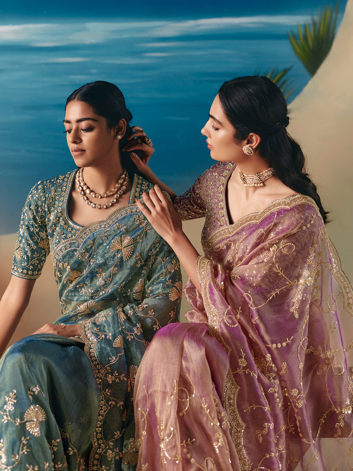 Equa Blue Satin Organza Saree with Designer Embroidery and Sequins for Wedding & Festive Wear