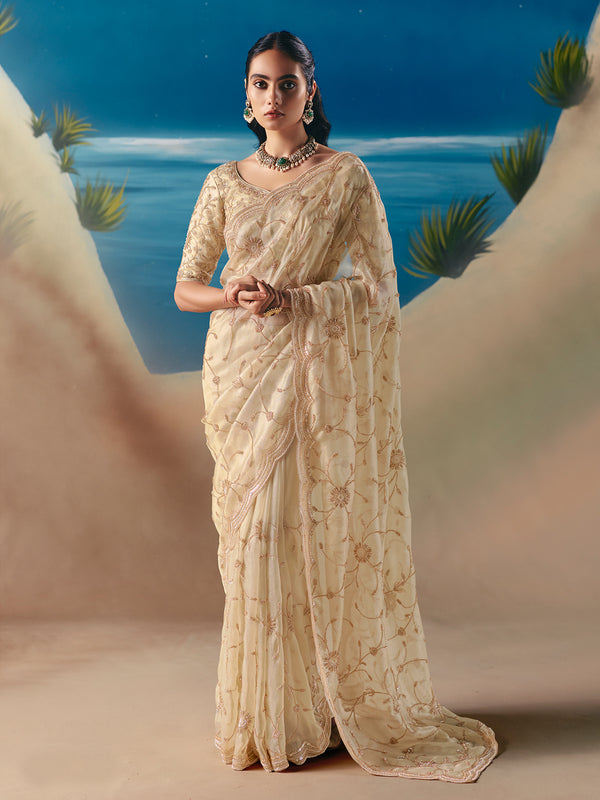 Designer Ivory Satin Organza Saree: Wedding & Festive Wear with Embroidery & Sequins