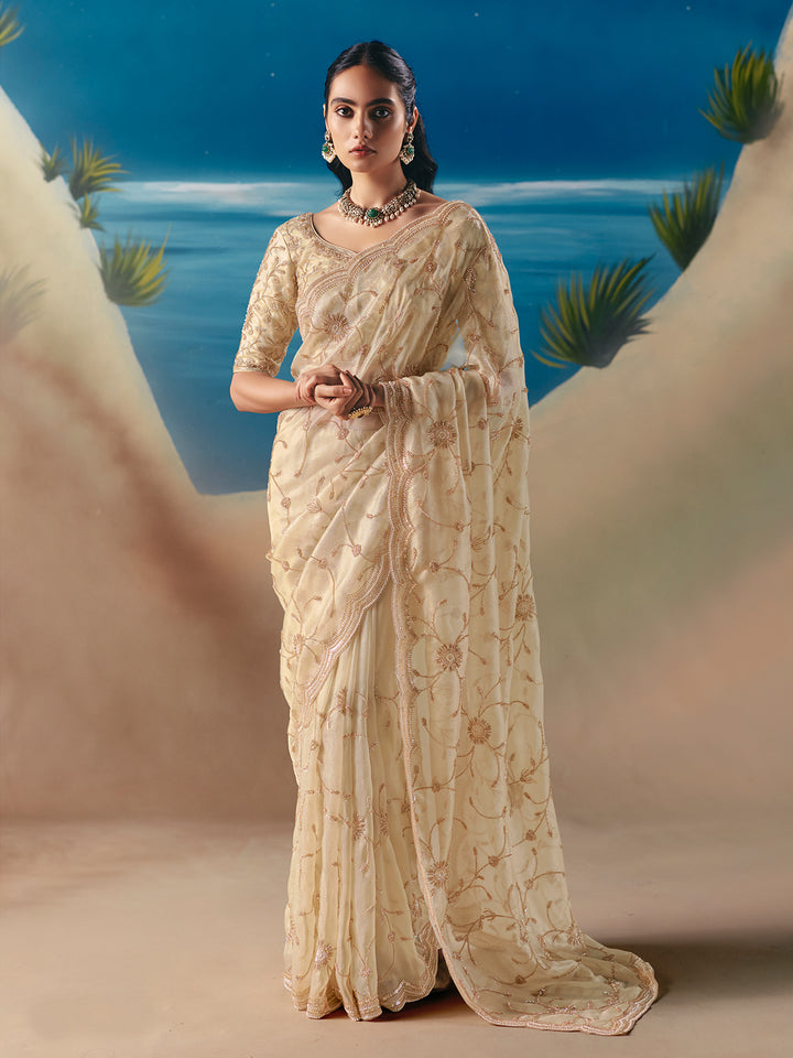 Designer Ivory Satin Organza Saree: Wedding & Festive Wear with Embroidery & Sequins