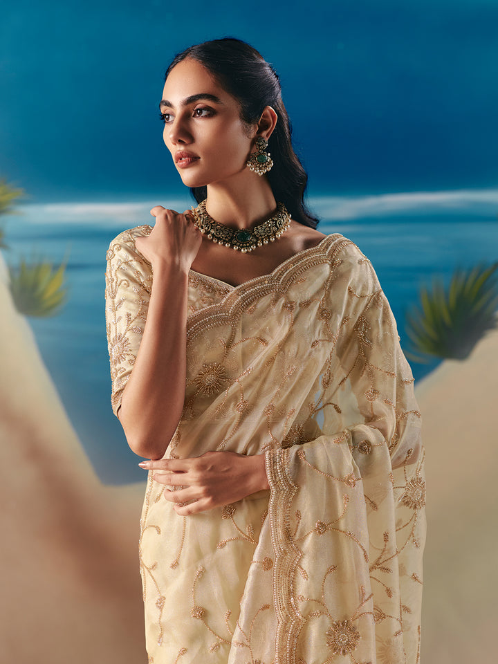 Designer Ivory Satin Organza Saree: Wedding & Festive Wear with Embroidery & Sequins