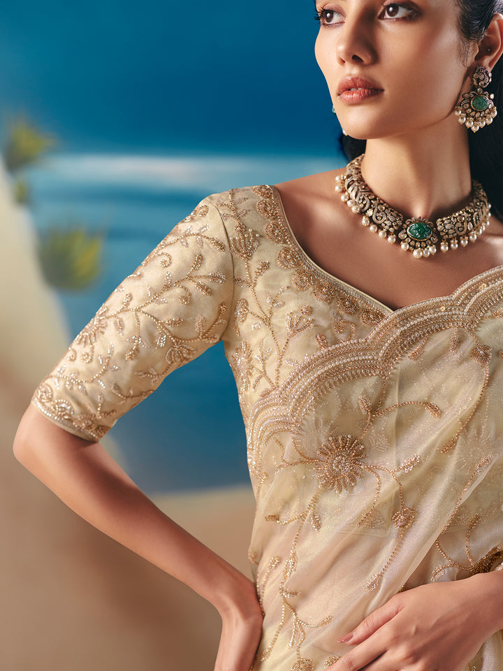 Woman wearing a beige embroidered saree with a scenic background