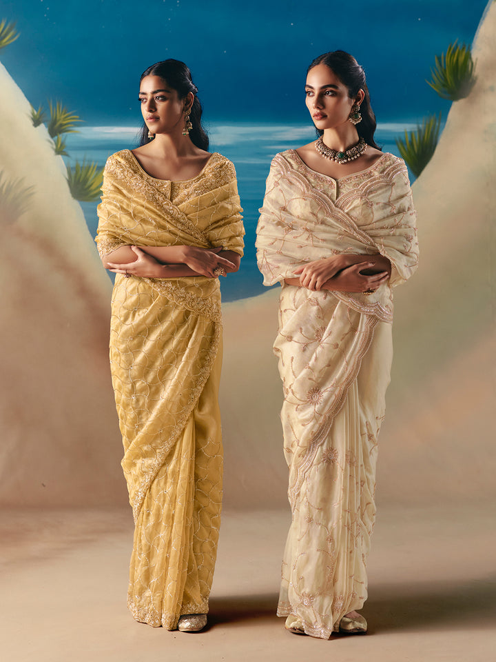 Two women in traditional sarees standing against a scenic backdrop with mountains and water.