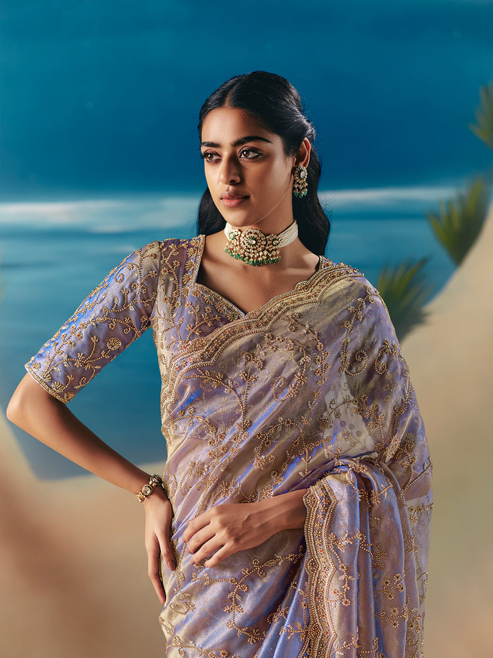 Lavender Satin Organza Saree: Designer Embroidery, Sequins & Stone Work for Wedding & Festive Elegance