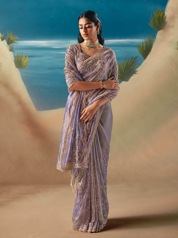 Lavender Satin Organza Saree: Designer Embroidery, Sequins & Stone Work for Wedding & Festive Elegance
