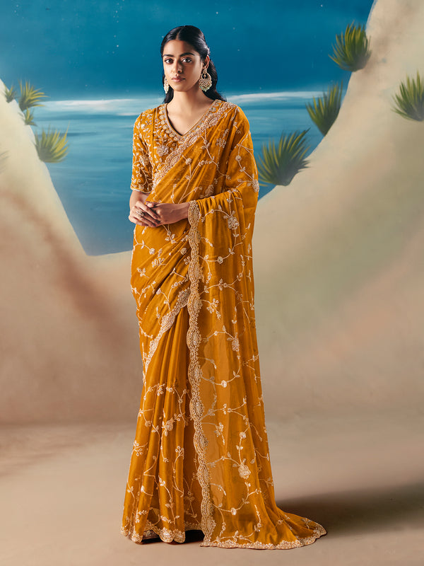 Mustard Satin Organza Designer Saree with Embroidery & Sequins for Wedding & Festive Wear