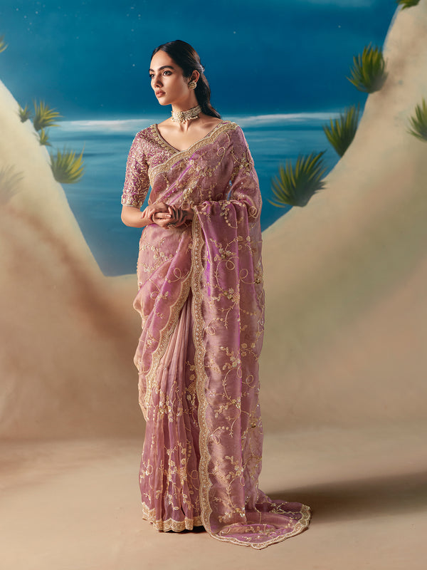 Designer Pink Satin Organza Saree with Heavy Embroidery & Sequin Work | Festive & Wedding Wear
