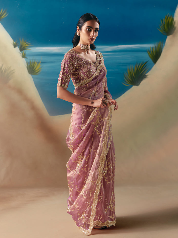 Woman in a pink saree with gold details against a scenic backdrop