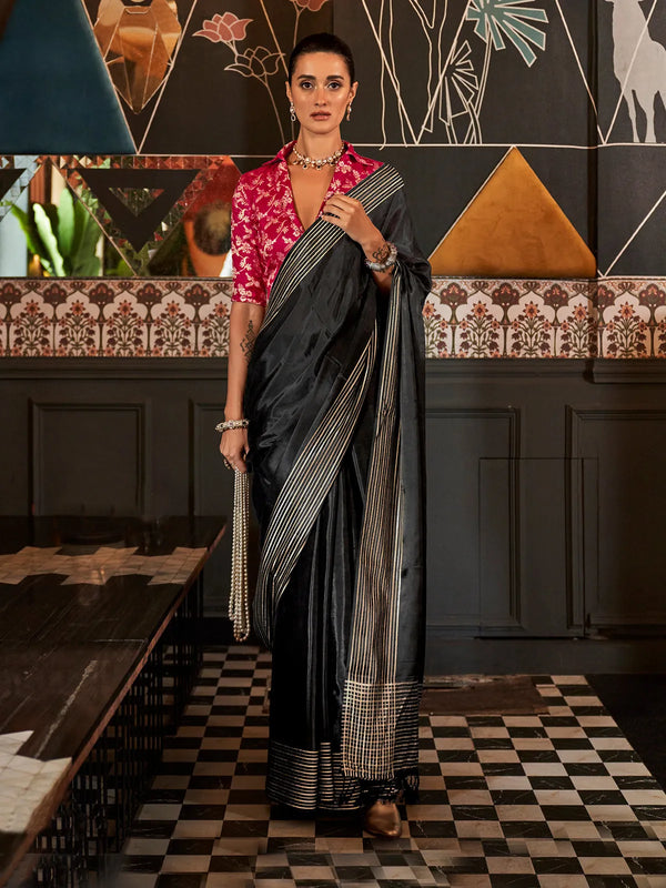 Black Viscose Silk Saree with Handloom Weaving Lining Border for Party Wear