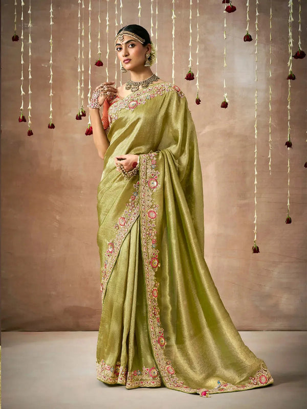 Olive Green Designer Silk Saree With Heavy Embroidery Work For Bridal Wear