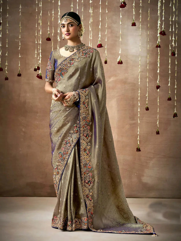 Grey Designer Silk Saree With Heavy Embroidery Work For Bridal Wear