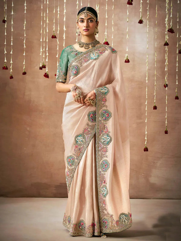 Cream Designer Silk Saree With Heavy Embroidery Work For Bridal Wear