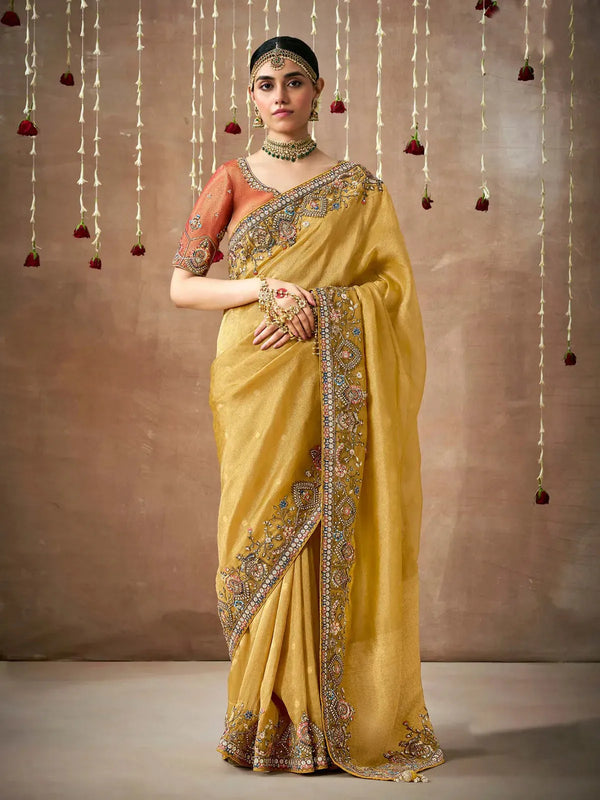 Mustard Designer Silk Saree With Heavy Embroidery Work For Bridal Wear