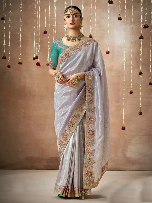 Lavender Designer Silk Saree With Heavy Embroidery Work For Bridal Wear