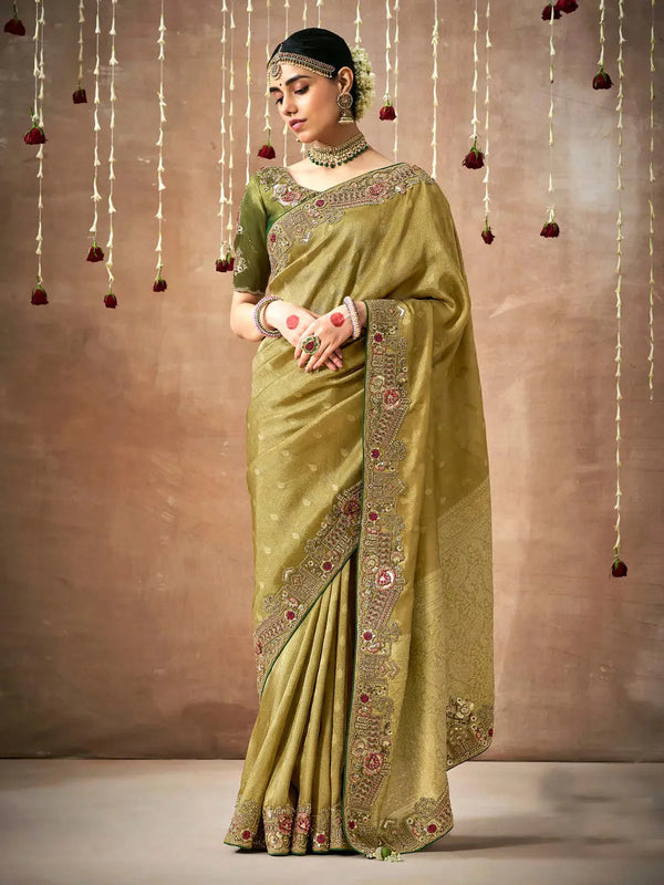 Green Designer Silk Saree With Heavy Embroidery Work For Bridal Wear