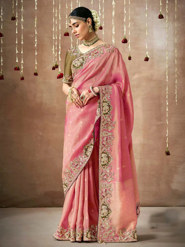 Light Pink Designer Silk Saree With Heavy Embroidery Work For Bridal Wear