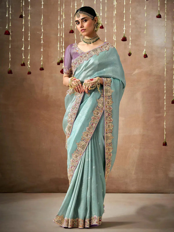 Sky Blue Designer Silk Saree With Heavy Embroidery Work For Bridal Wear