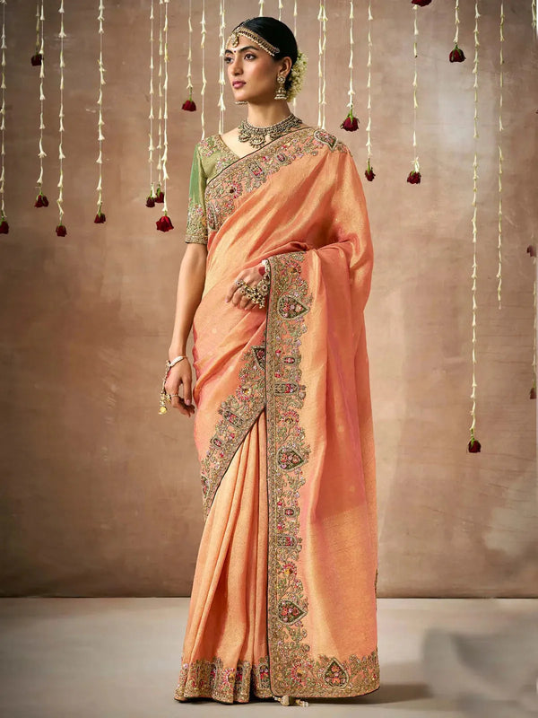 Peach Designer Silk Saree With Heavy Embroidery Work For Bridal Wear