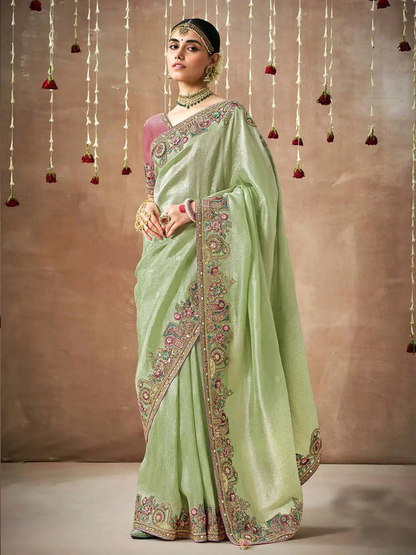 Pista Green Designer Silk Saree With Heavy Embroidery Work For Bridal Wear