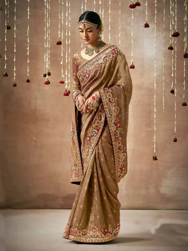 Brown Designer Silk Saree With Heavy Embroidery Work For Bridal Wear