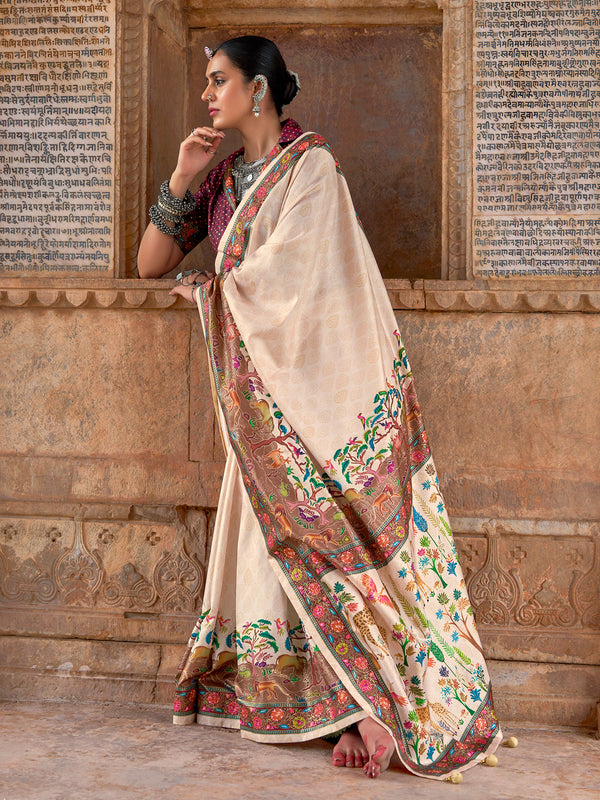 Designer Silk Printed Cream Silk Saree for Occasion