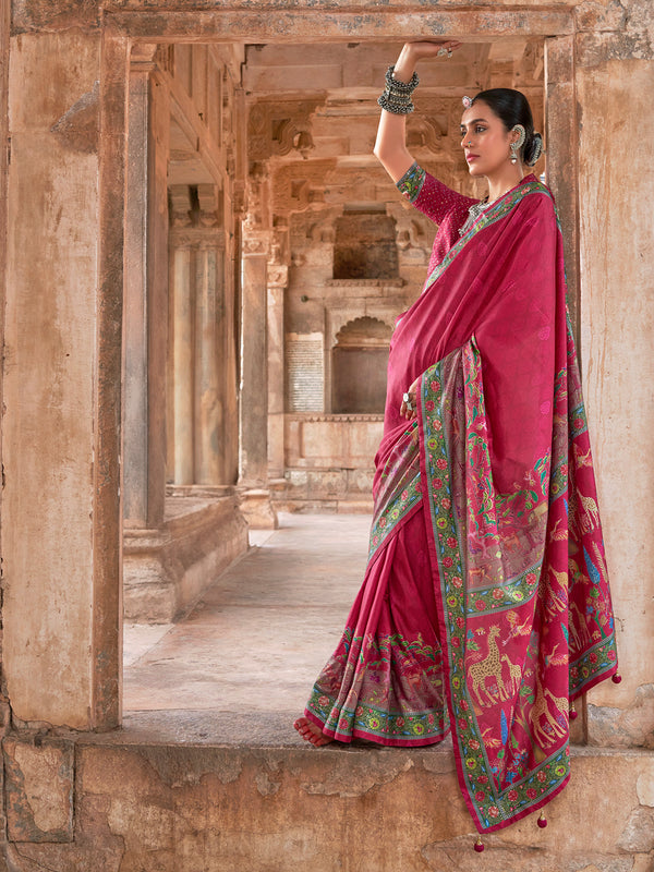 Pink Silk Saree for Wedding & Festival – Luxury Printed Designer Saree with Matching Silk Blouse